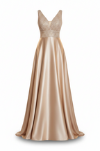Plus Size Sequin Satin Evening Gown | Deep V-Neck Floor Length Formal Dress