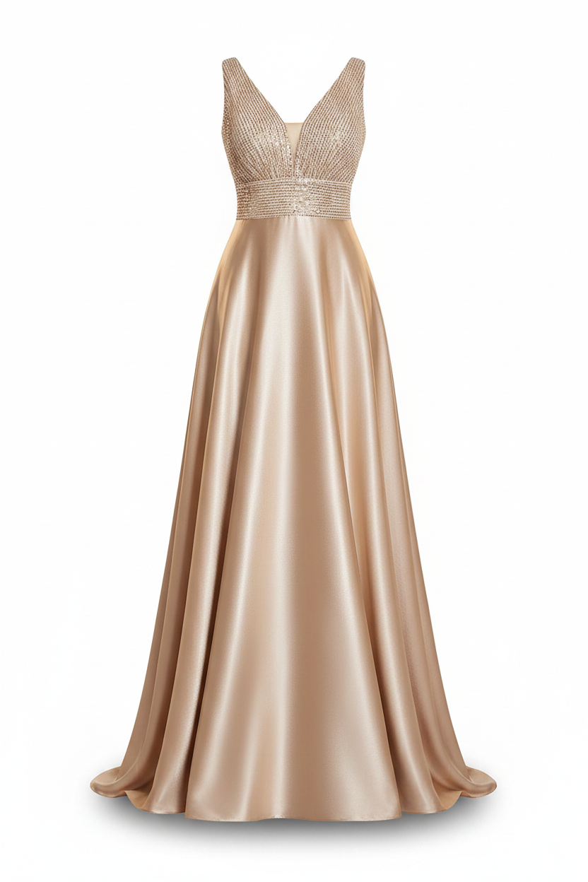 Plus Size Sequin Satin Evening Gown | Deep V-Neck Floor Length Formal Dress