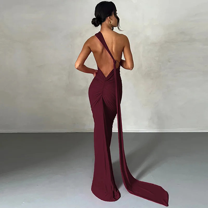 One-Shoulder Ruched Maxi Dress | Backless Scarf Loop Y2K Festival Gown