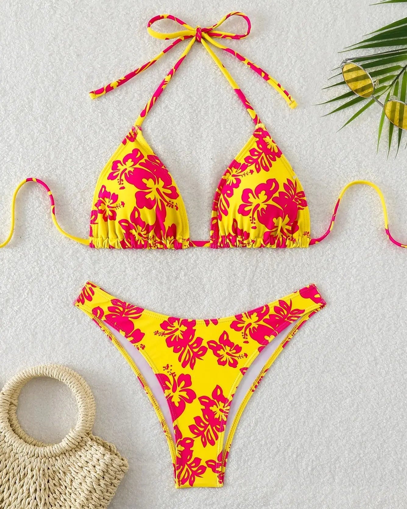 Retro Floral Lace-Up High Waist Bikini