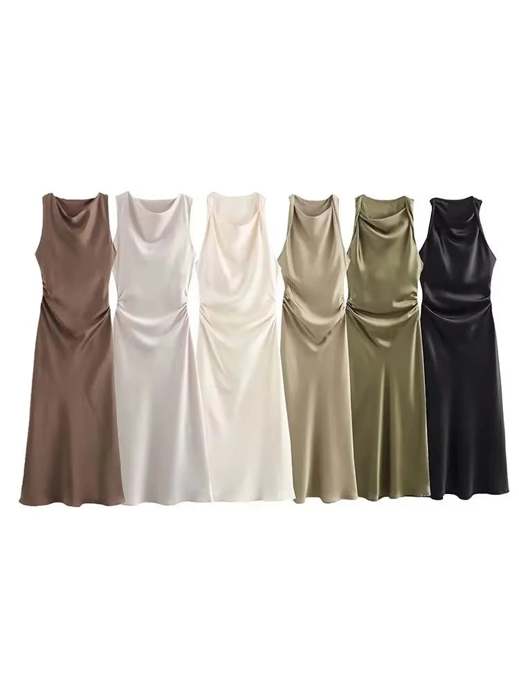 Halter Satin Slip Midi Dress | A-Line Sleeveless Summer Evening Dress