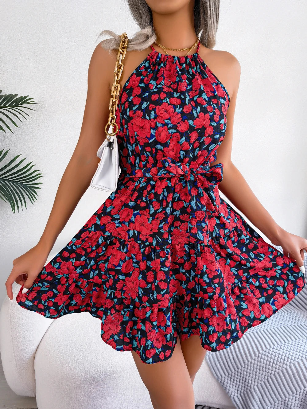 Floral Print Ruffle Halter Maxi Dress