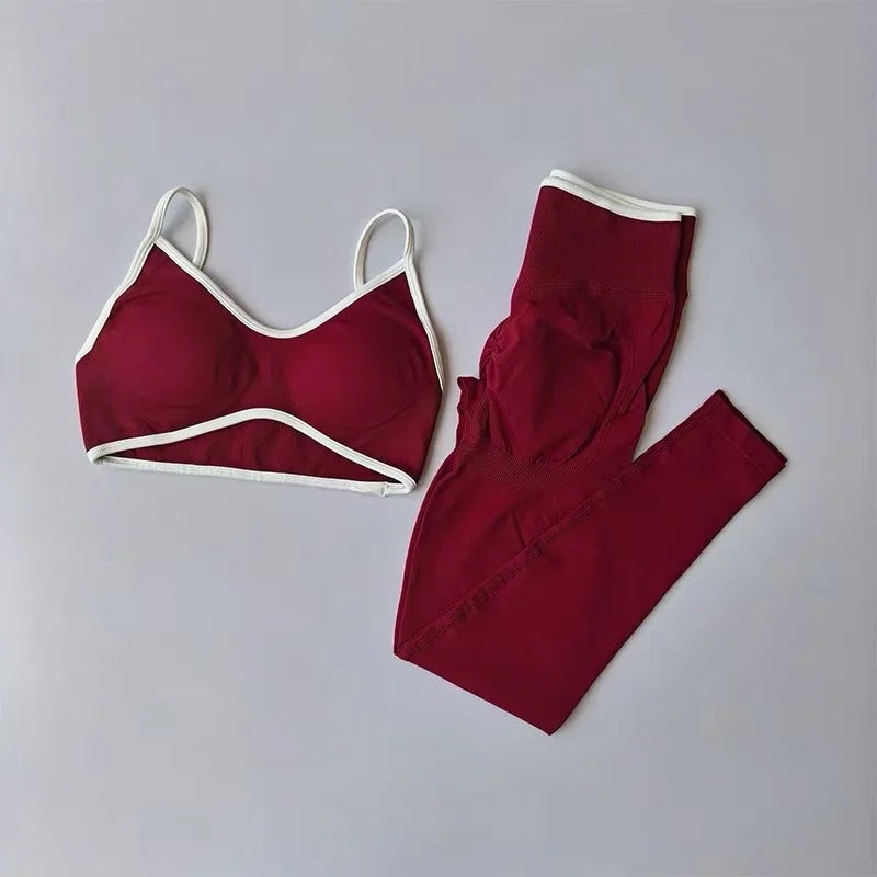 Strappy Contrast Yoga Fitness Suit | Shockproof Quick-Dry Nude Feel Set