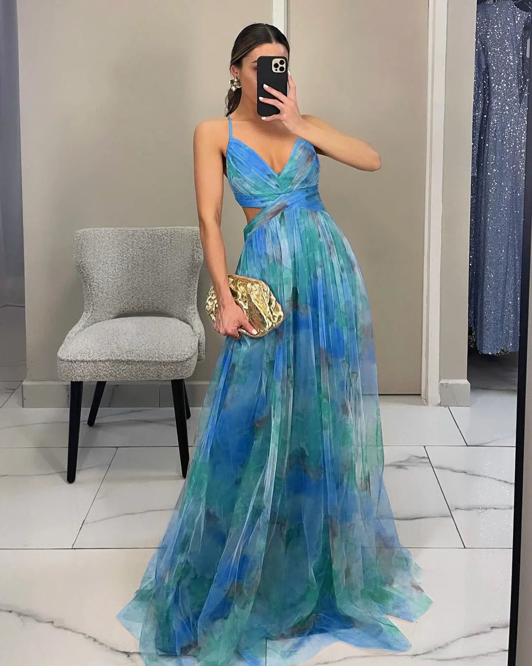 Mesh Floral Print Halter Neck Long Holiday Dress