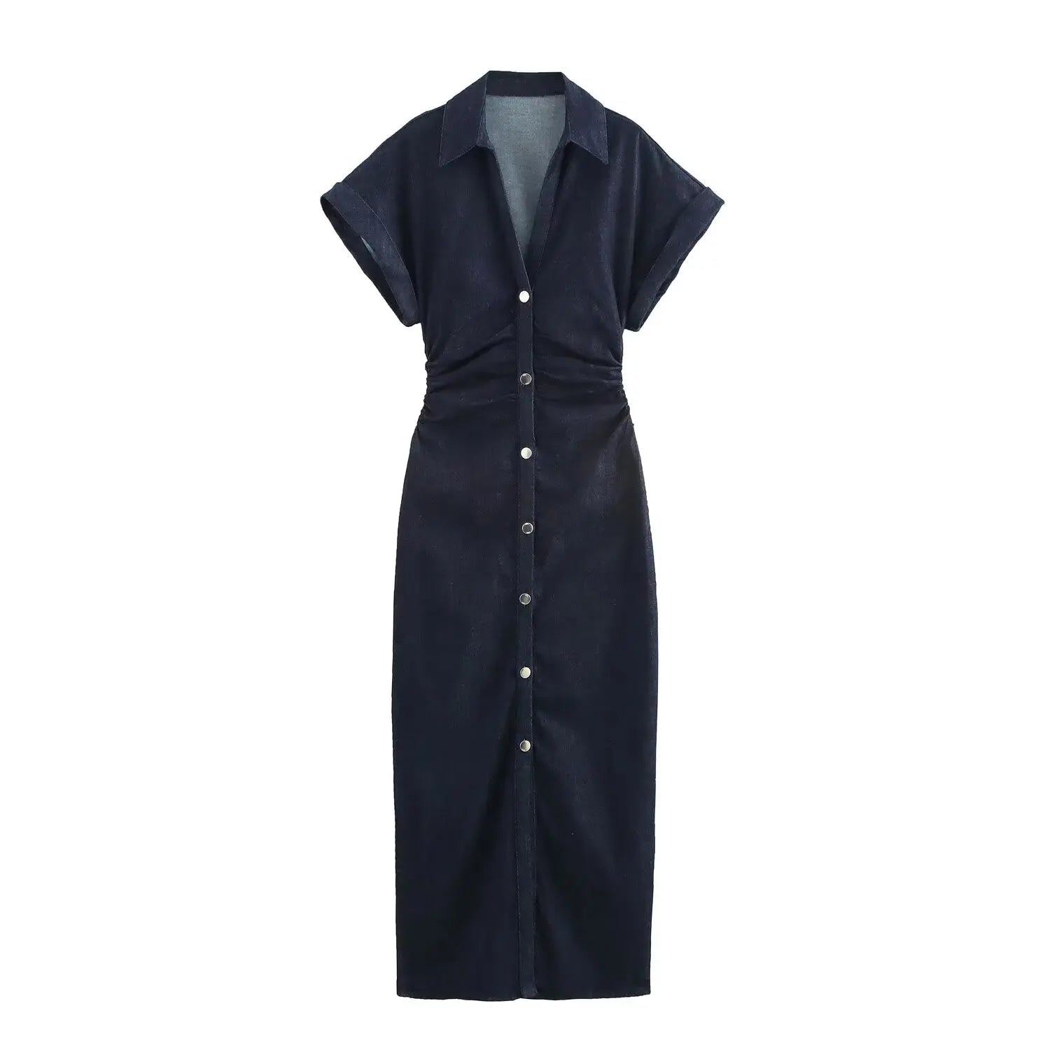 Lapel Collar Denim Midi Dress | Side Zipper Pencil Dress
