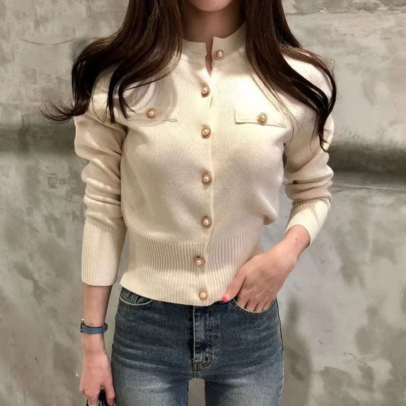 Single Breasted Knit Cardigan | Long Sleeve O-Neck Office Sweater