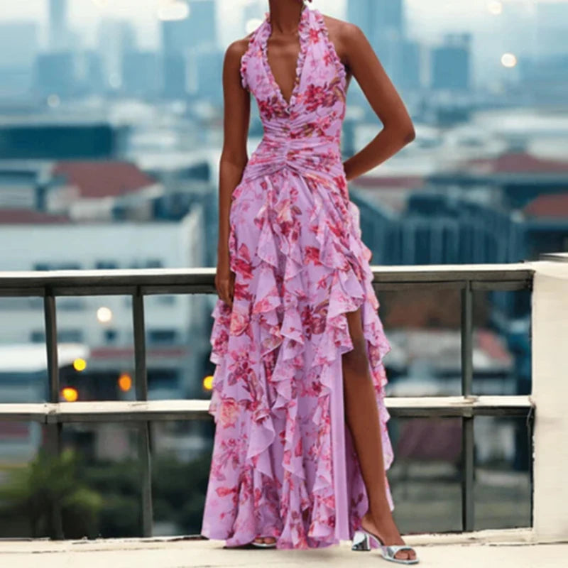 Deep V-Neck Halter Print Slim Party Maxi Dress