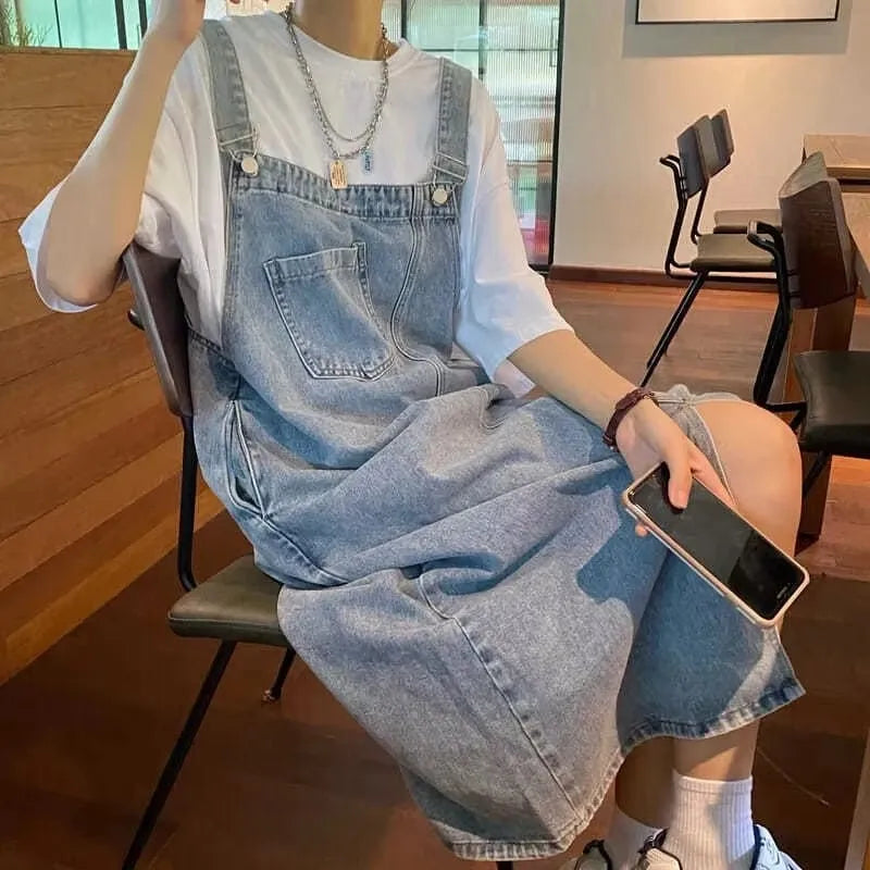 Denim Overall Dress | Sleeveless Spaghetti Strap Ankle-Length Jumper