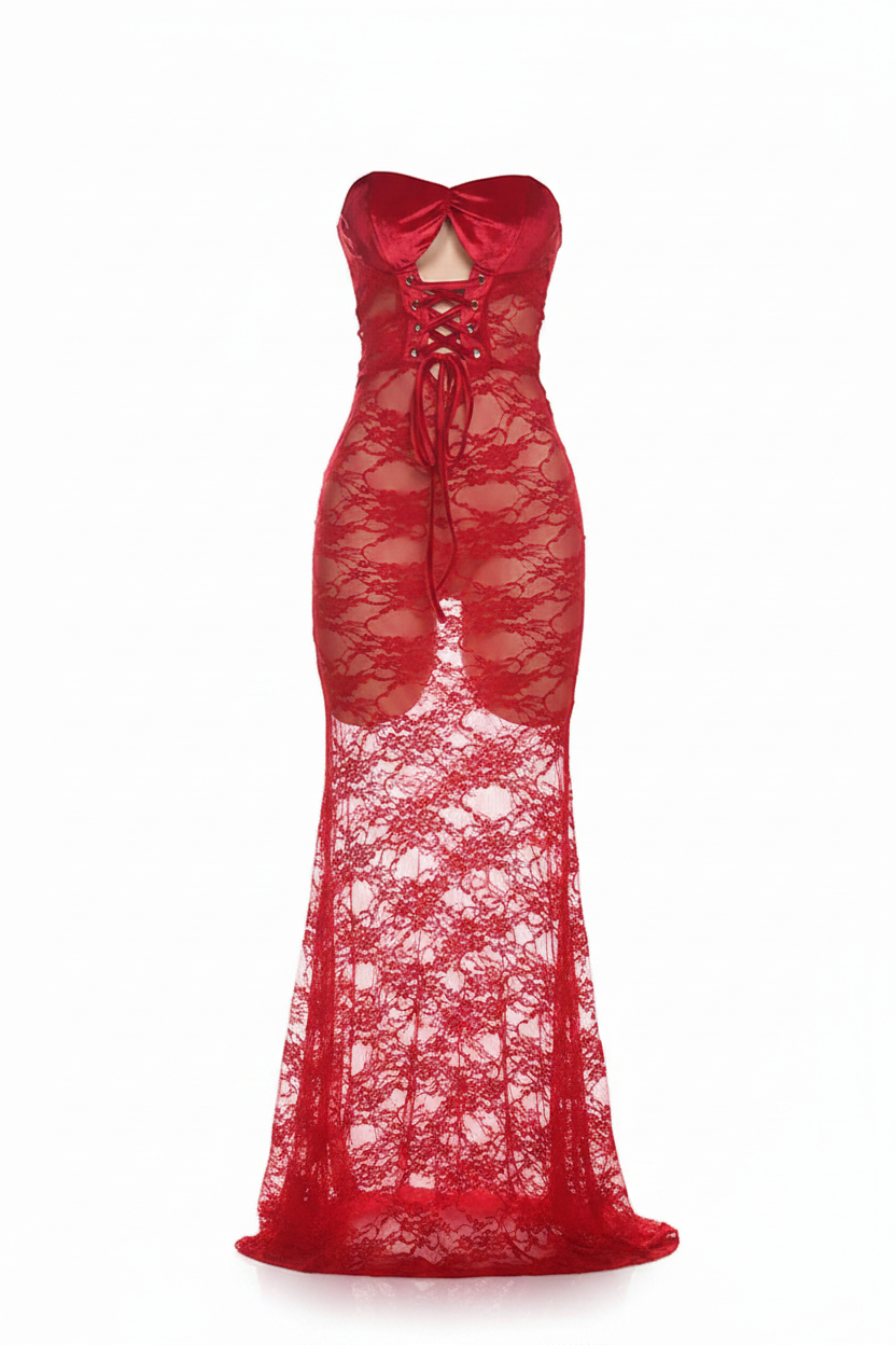 Strapless Lace Bodycon Maxi Dress | Coquette Sheath Evening Gown