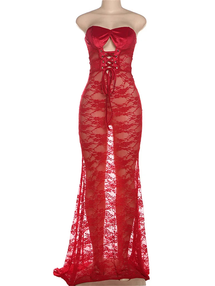 Strapless Lace Bodycon Maxi Dress | Coquette Sheath Evening Gown