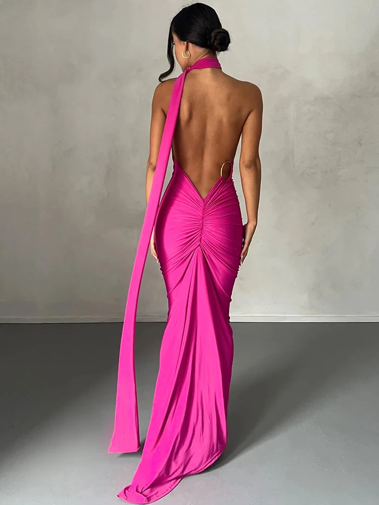 One-Shoulder Ruched Maxi Dress | Backless Scarf Loop Y2K Festival Gown