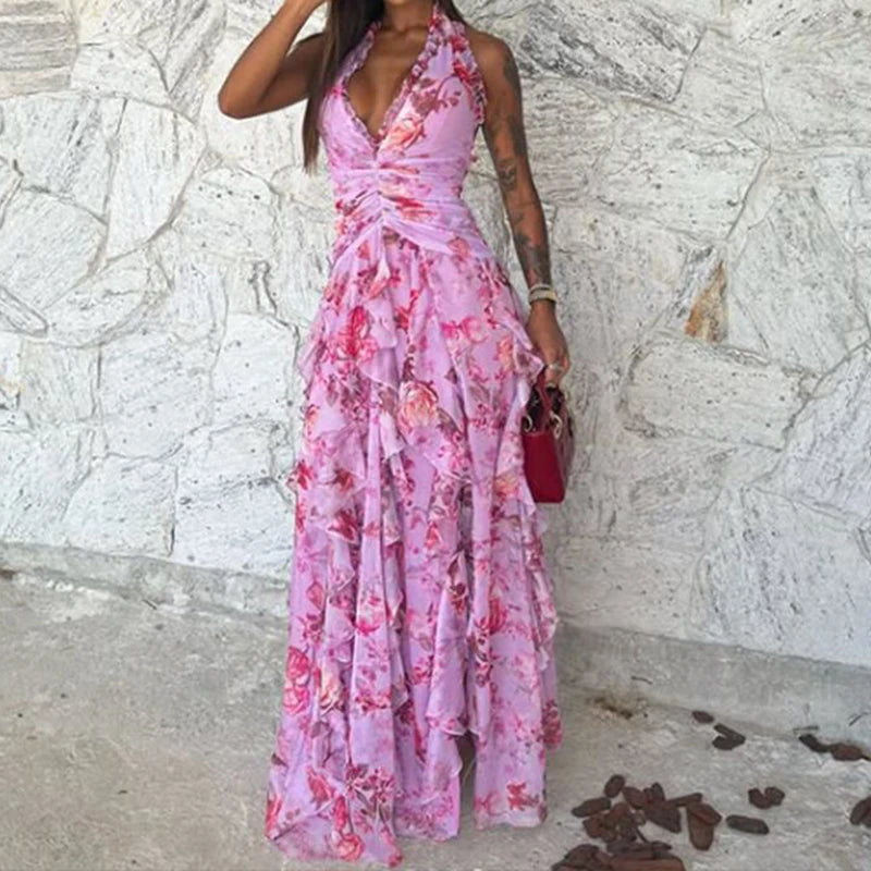 Sexy Sleevless Hollow Out Cake Long Dress Fashion Pattern Print Waist Slim Party Dress Elegant Deep V-neck Halter Vacation Dress