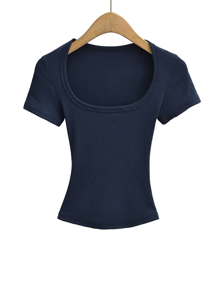 Square Neck Slim Fit Crop Top | High Stretch Short Sleeve Blouse
