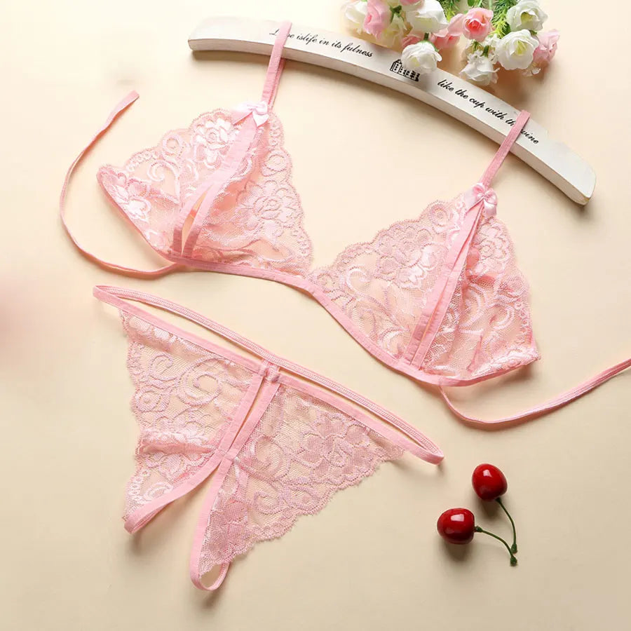 Lace Ruffle Trim Babydoll Lingerie Set with Thong