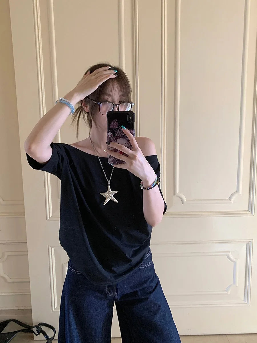 Y2K Short Sleeve Solid T-Shirt | Classic Skew Collar Streetwear Tee