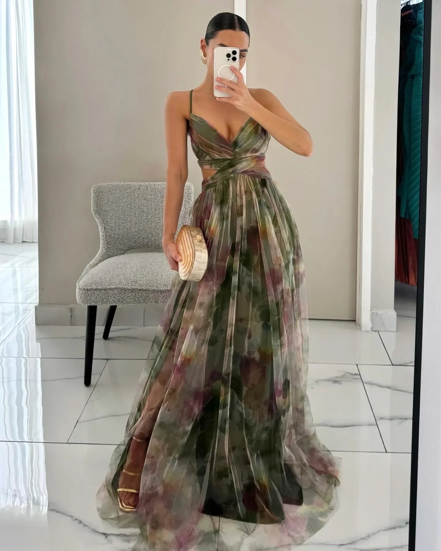 Mesh Floral Print Halter Neck Long Holiday Dress