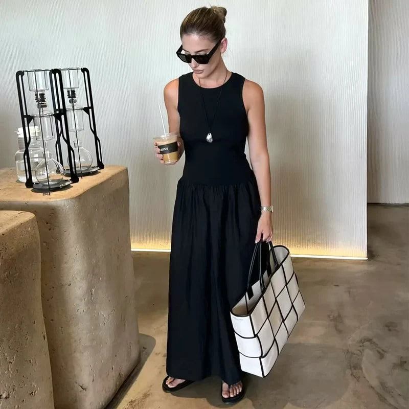 Sleeveless Vintage Maxi Dress | Patchwork Fit & Flare Casual Elegant