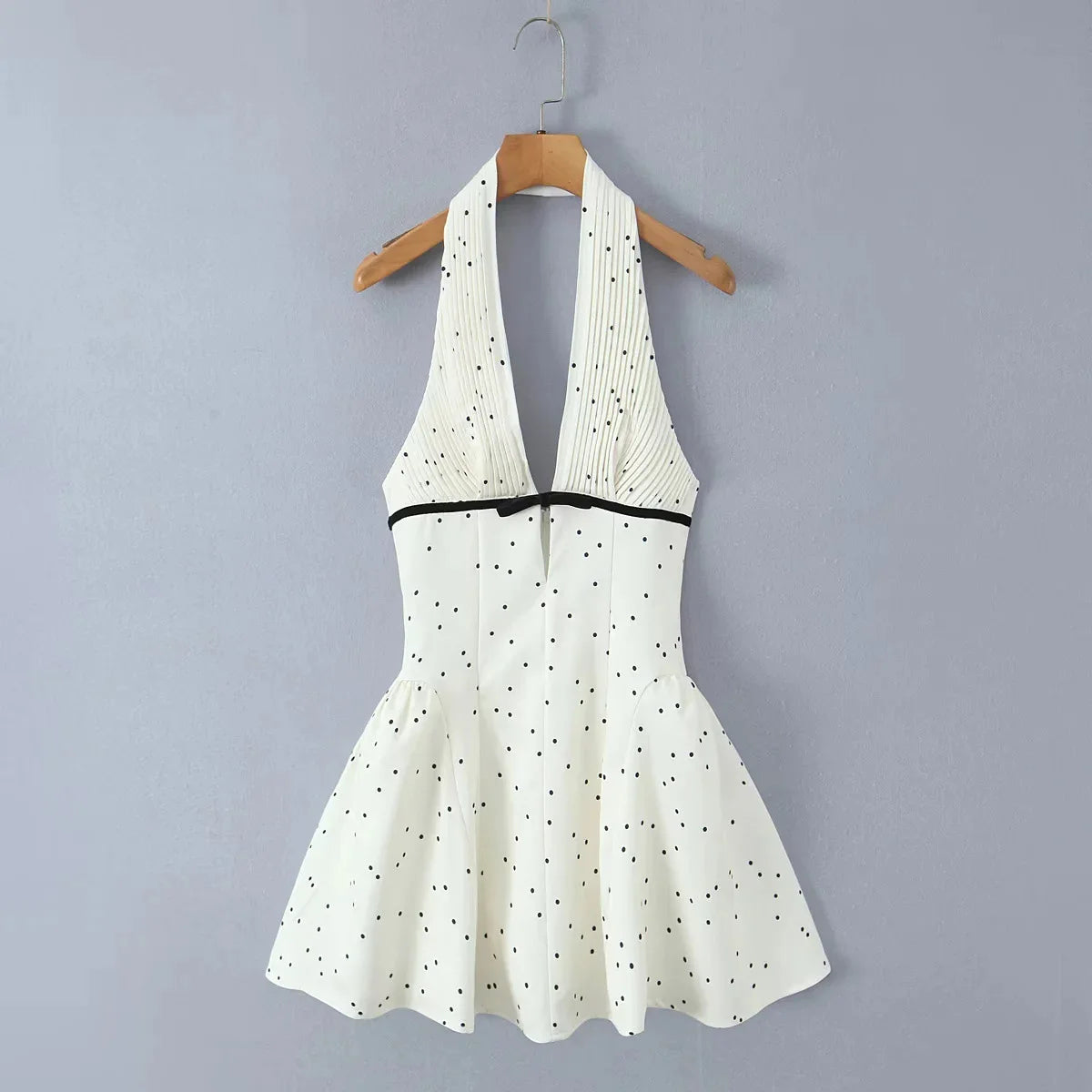 Polka Dot Backless Halter Mini Dress | High Waist V-Neck A-Line Dress