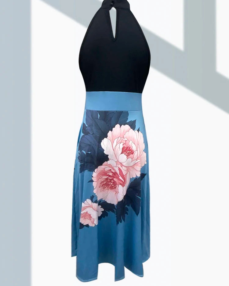 Floral Print Backless High Waist Boho A-Line Dress
