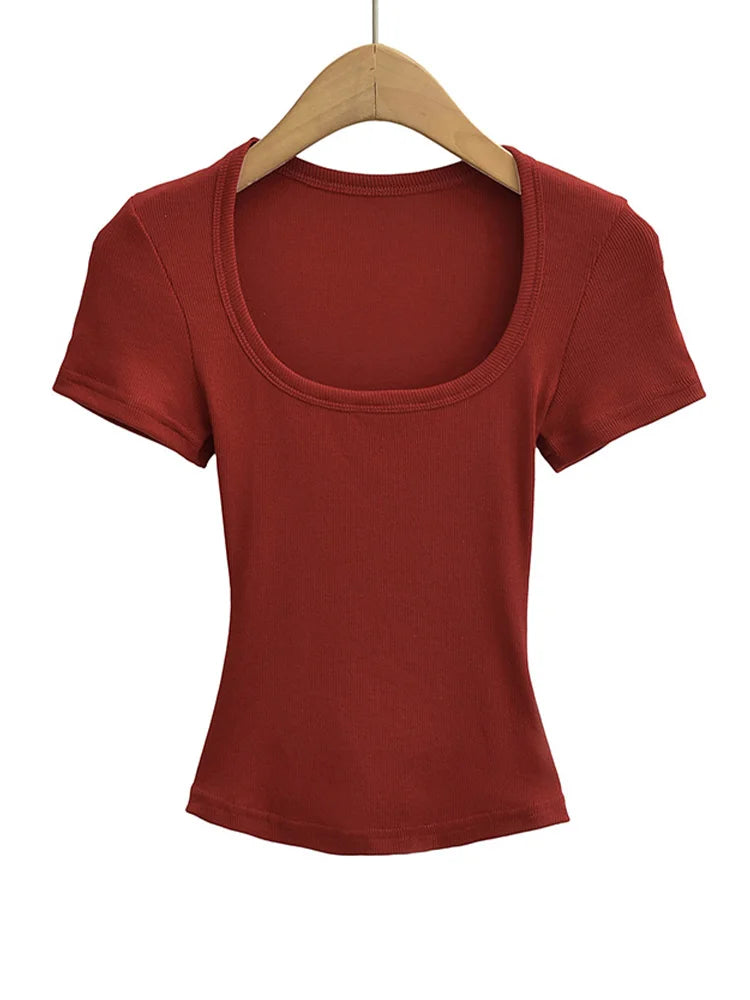 Square Neck Slim Fit Crop Top | High Stretch Short Sleeve Blouse