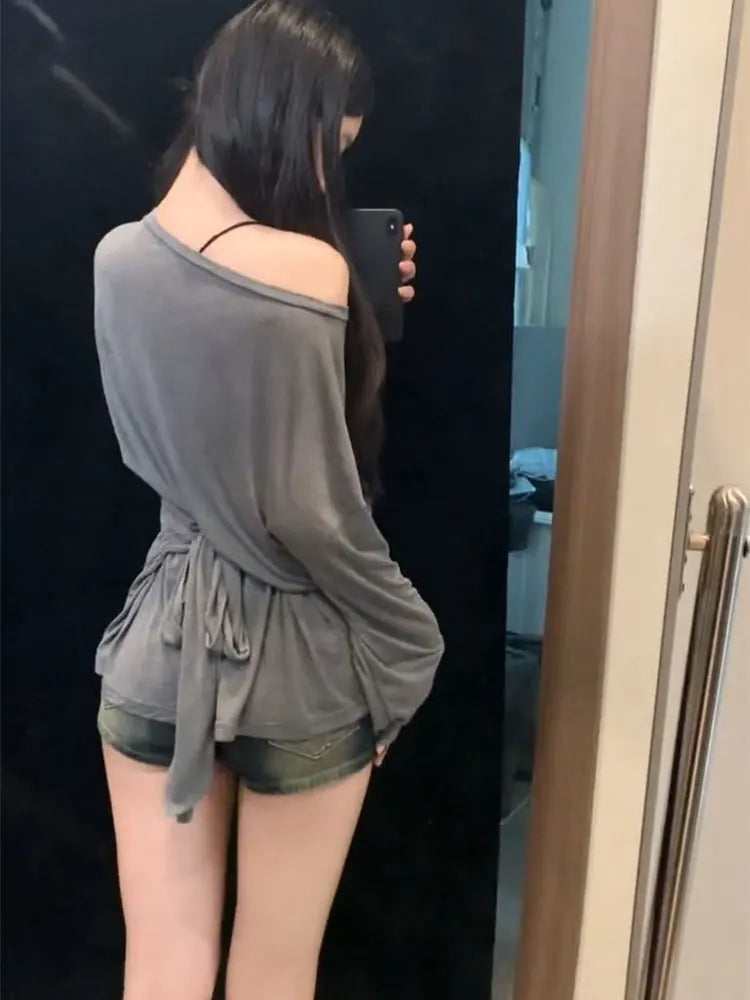 Sheer Oversized Off-Shoulder Top | Back Bandage Long Sleeve Tee