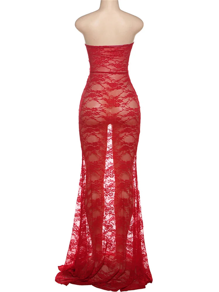 Strapless Lace Bodycon Maxi Dress | Coquette Sheath Evening Gown