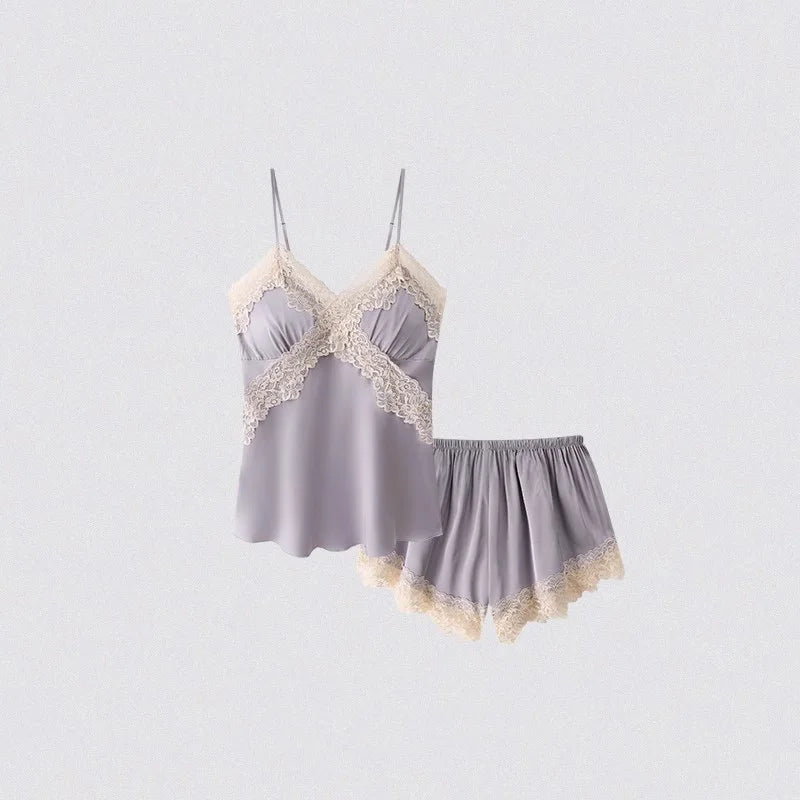 Satin Lace Trim Cami Top & Shorts Pajama Set