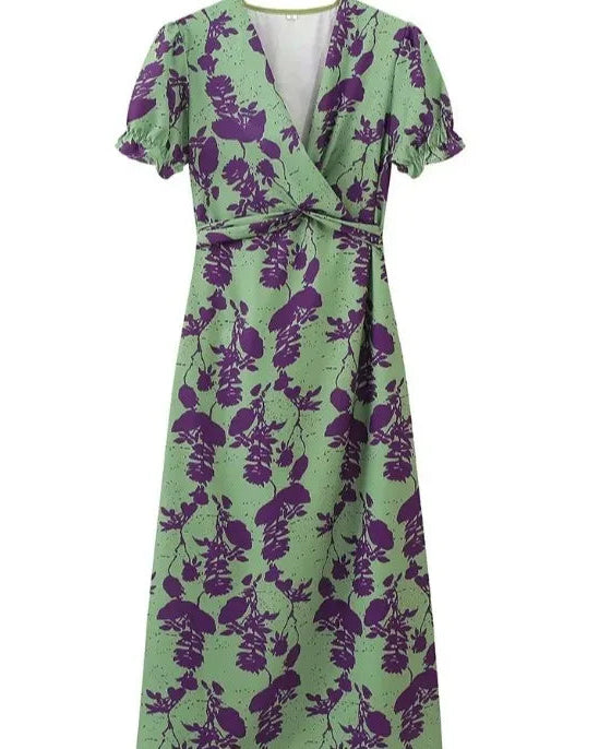 V-Neck Short Sleeve Pleated Print Casual Dress