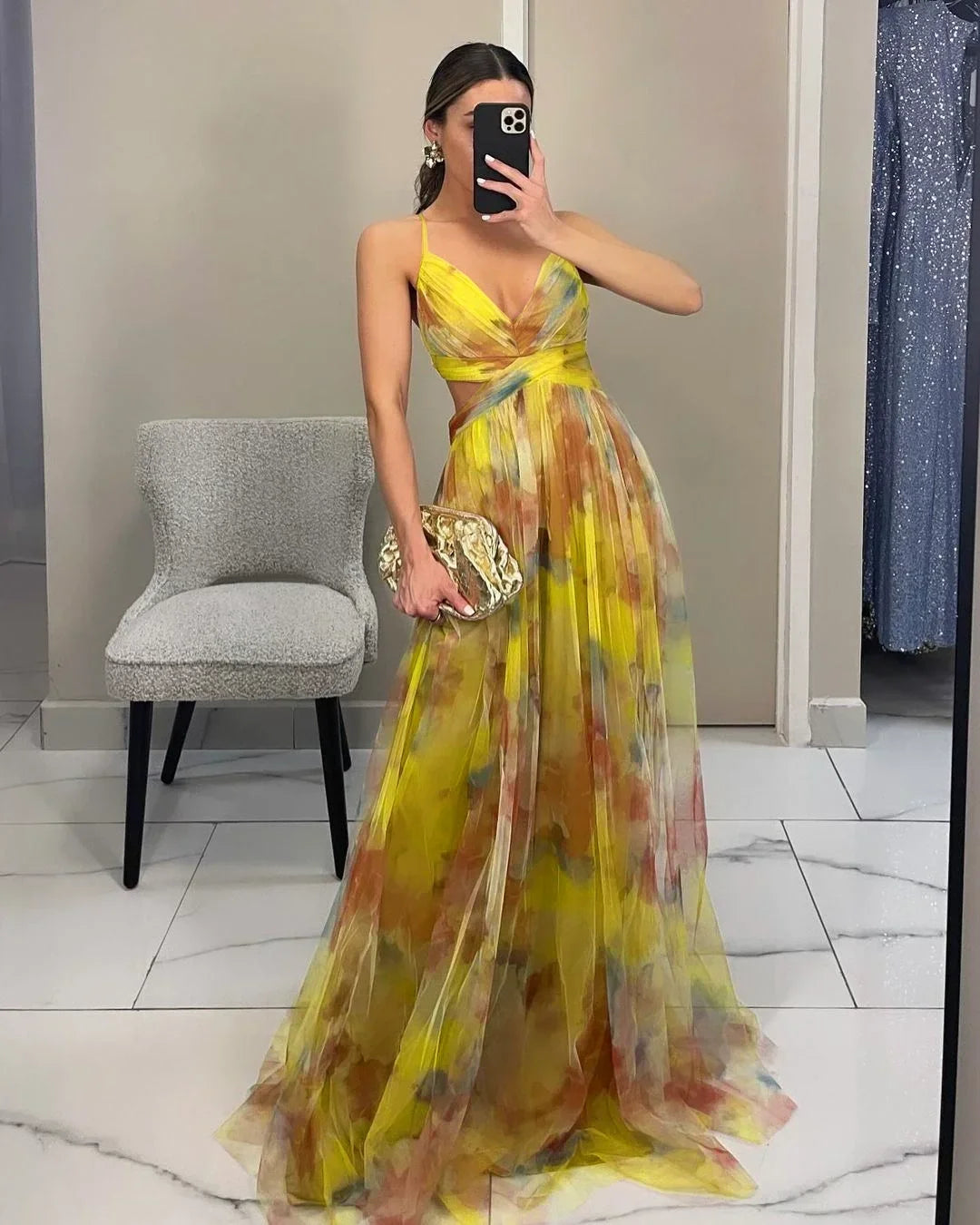 Mesh Floral Print Halter Neck Long Holiday Dress