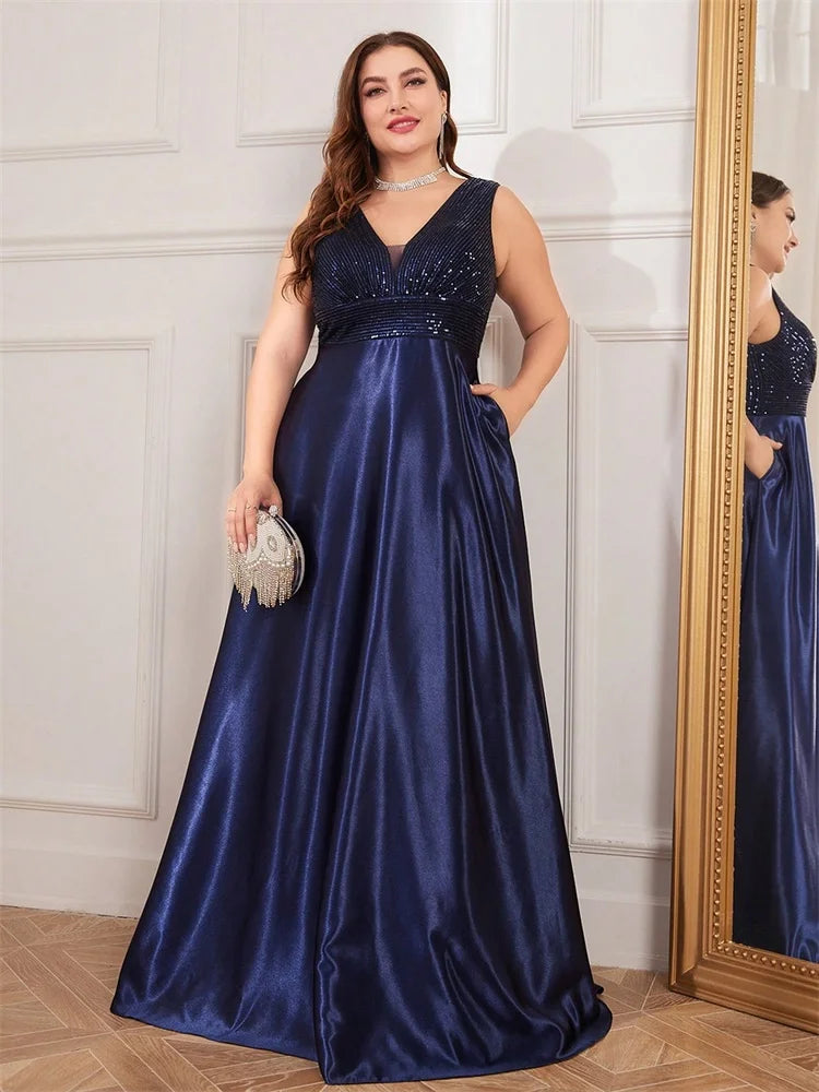 Plus Size Sequin Satin Evening Gown | Deep V-Neck Floor Length Formal Dress