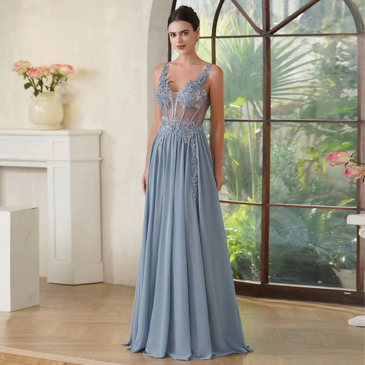 Beaded Applique A-Line Prom Gown | Spaghetti Strap Formal Evening Dress