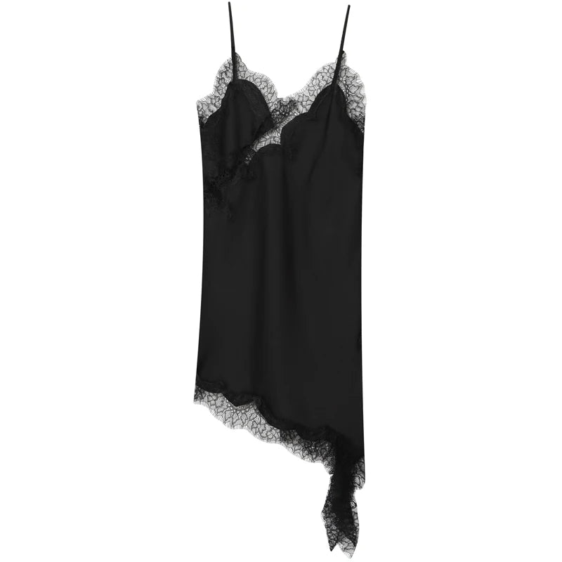 Lace Asymmetric Slip Dress | Backless V-Neck Spaghetti Strap Mini
