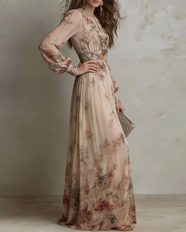 Women's Vintage Floral Print High Waist Pleated Maxi Dress