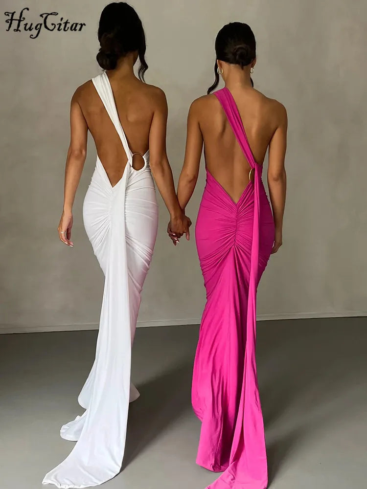 One-Shoulder Ruched Maxi Dress | Backless Scarf Loop Y2K Festival Gown