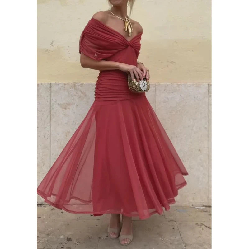 V-Neck Off Shoulder Mesh Print Elegant Midi Dress