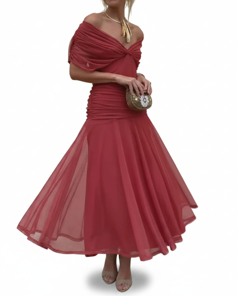 V-Neck Off Shoulder Mesh Print Elegant Midi Dress
