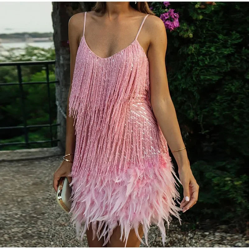 Sequin Feather Mini Dress | Tassel Spaghetti Strap Party Dress