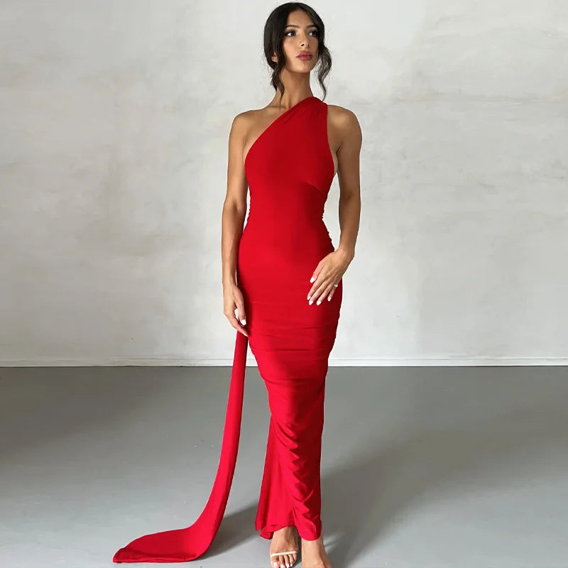 One-Shoulder Ruched Maxi Dress | Backless Scarf Loop Y2K Festival Gown