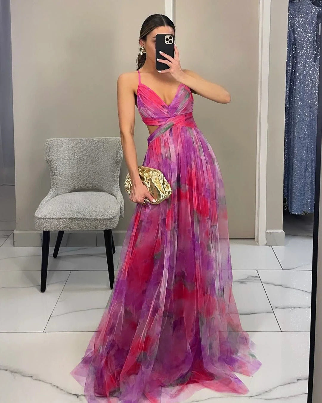 Mesh Floral Print Halter Neck Long Holiday Dress