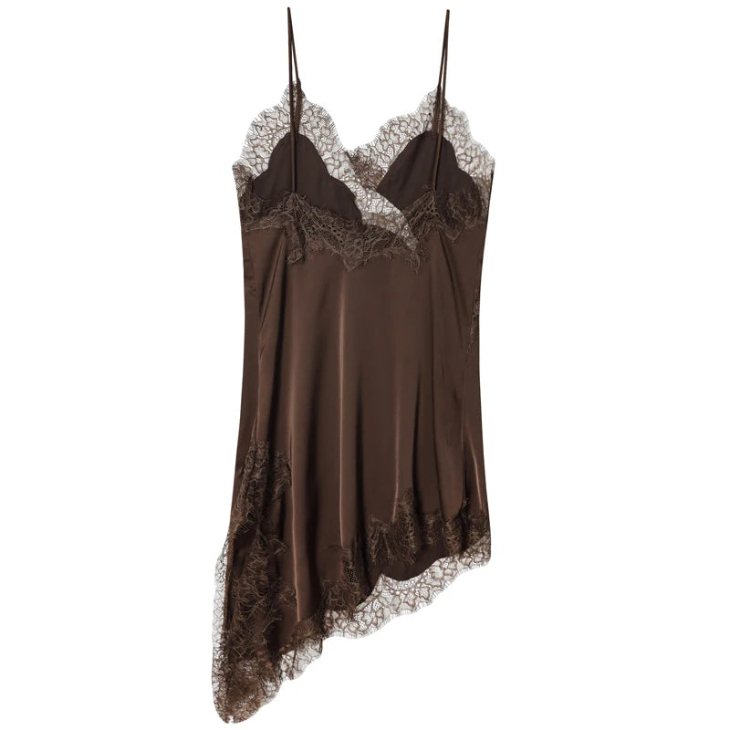 Lace Asymmetric Slip Dress | Backless V-Neck Spaghetti Strap Mini