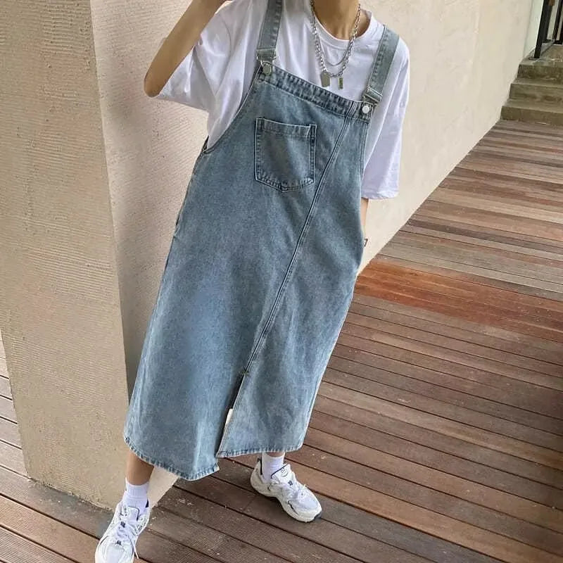 Denim Overall Dress | Sleeveless Spaghetti Strap Ankle-Length Jumper