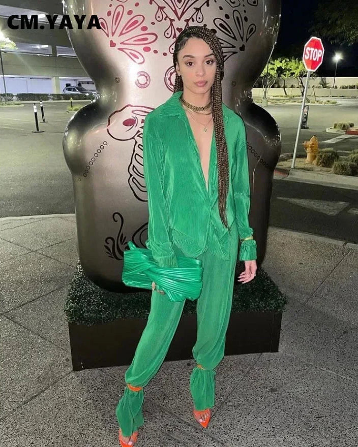 Long Sleeve Shirt & Wide Leg Pants Two-Piece Tracksuit