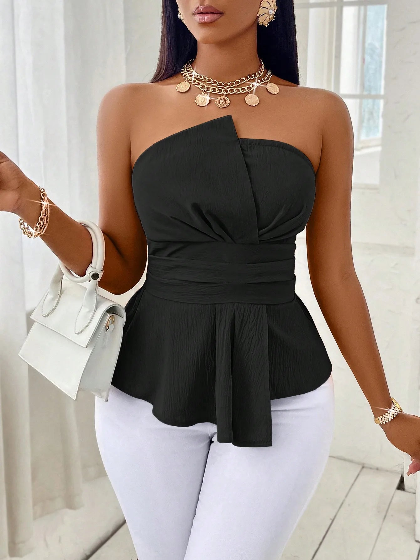 Strapless Peplum Wrap Top | Belted Slim Fit Elegant Camisole