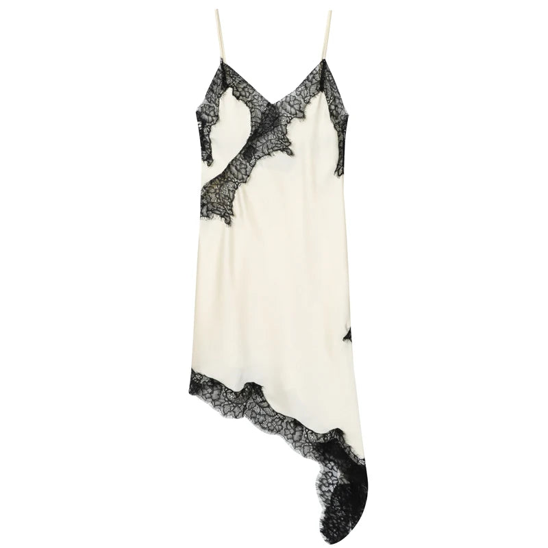 Lace Asymmetric Slip Dress | Backless V-Neck Spaghetti Strap Mini