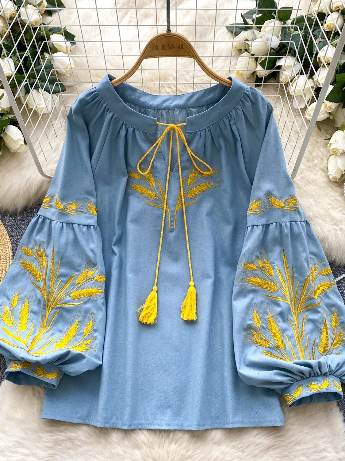 Embroidered Ethnic Lantern Sleeve Top | Retro Belted Boho Blouse