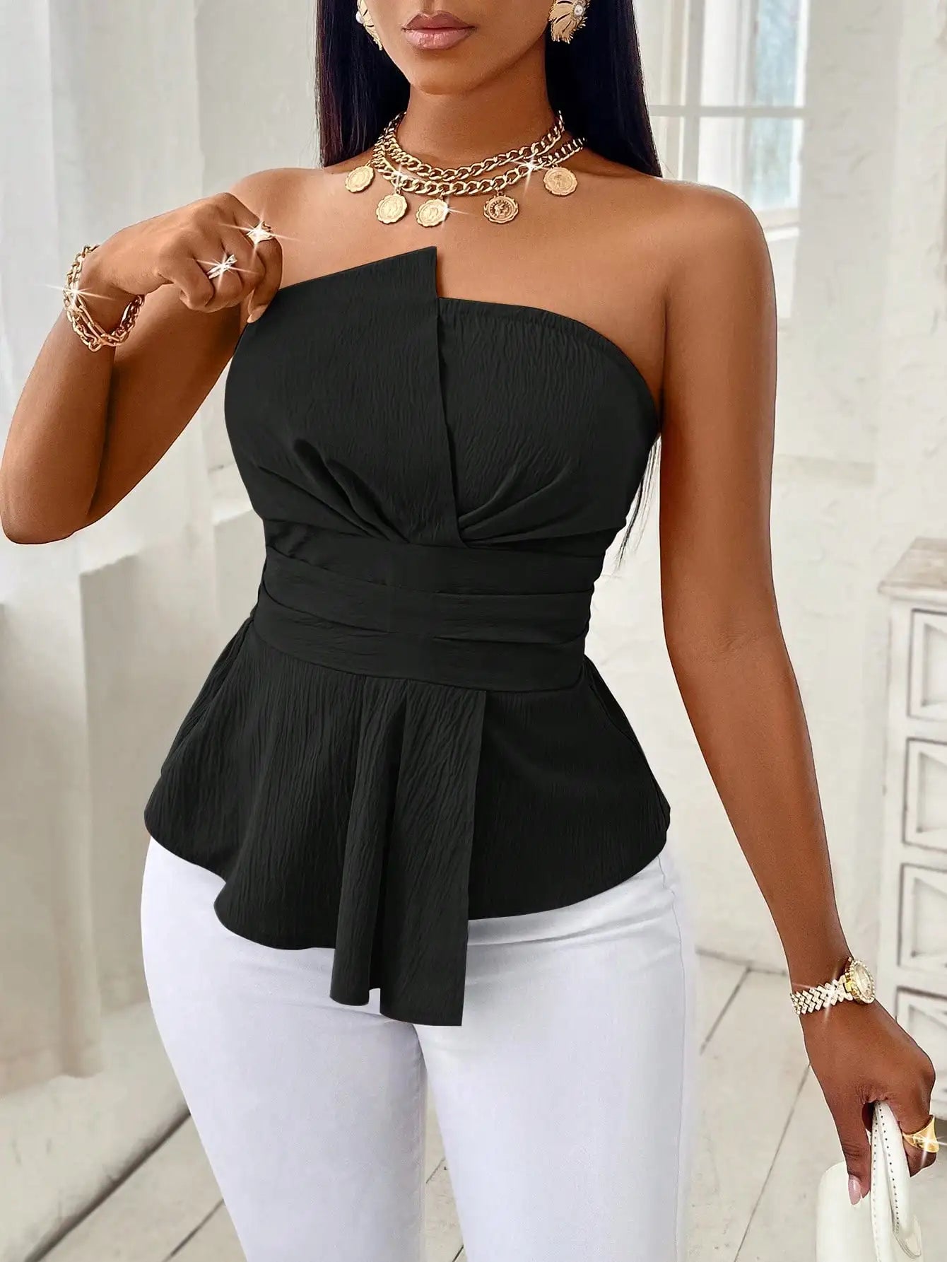 Strapless Peplum Wrap Top | Belted Slim Fit Elegant Camisole