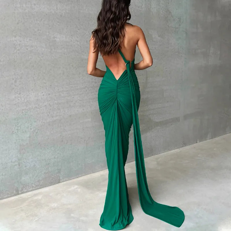 One-Shoulder Ruched Maxi Dress | Backless Scarf Loop Y2K Festival Gown