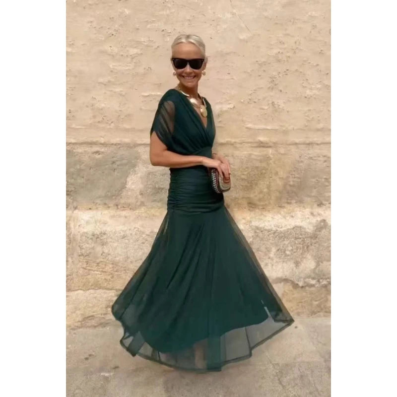 V-Neck Off Shoulder Mesh Print Elegant Midi Dress