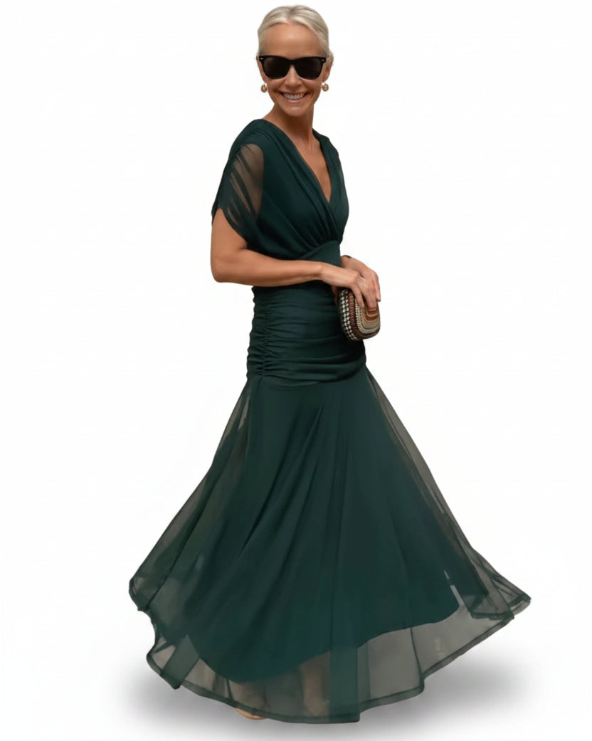 V-Neck Off Shoulder Mesh Print Elegant Midi Dress