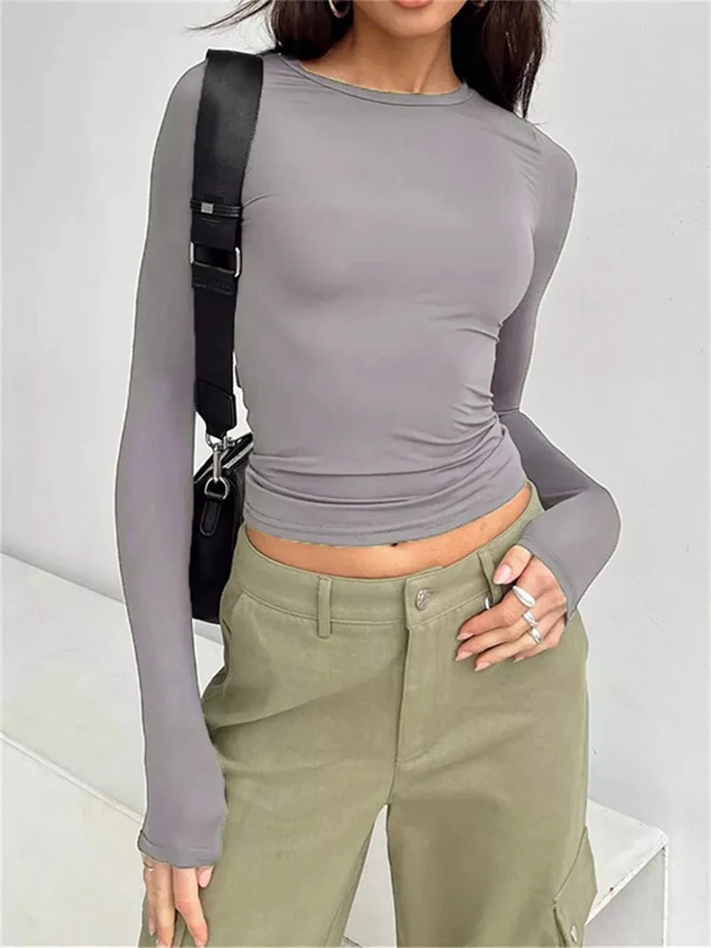 Y2K Long Sleeve Crop Top | O-Neck Skinny Pullover
